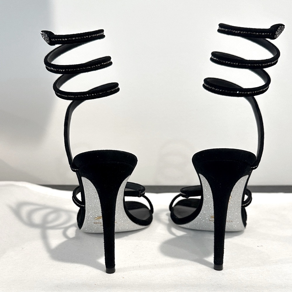 RENE CAOVILLA NWOT Cleo Suede Strass Ankle-wrap Sandals Black Sandal Heel 37.5 - Picture 6 of 7